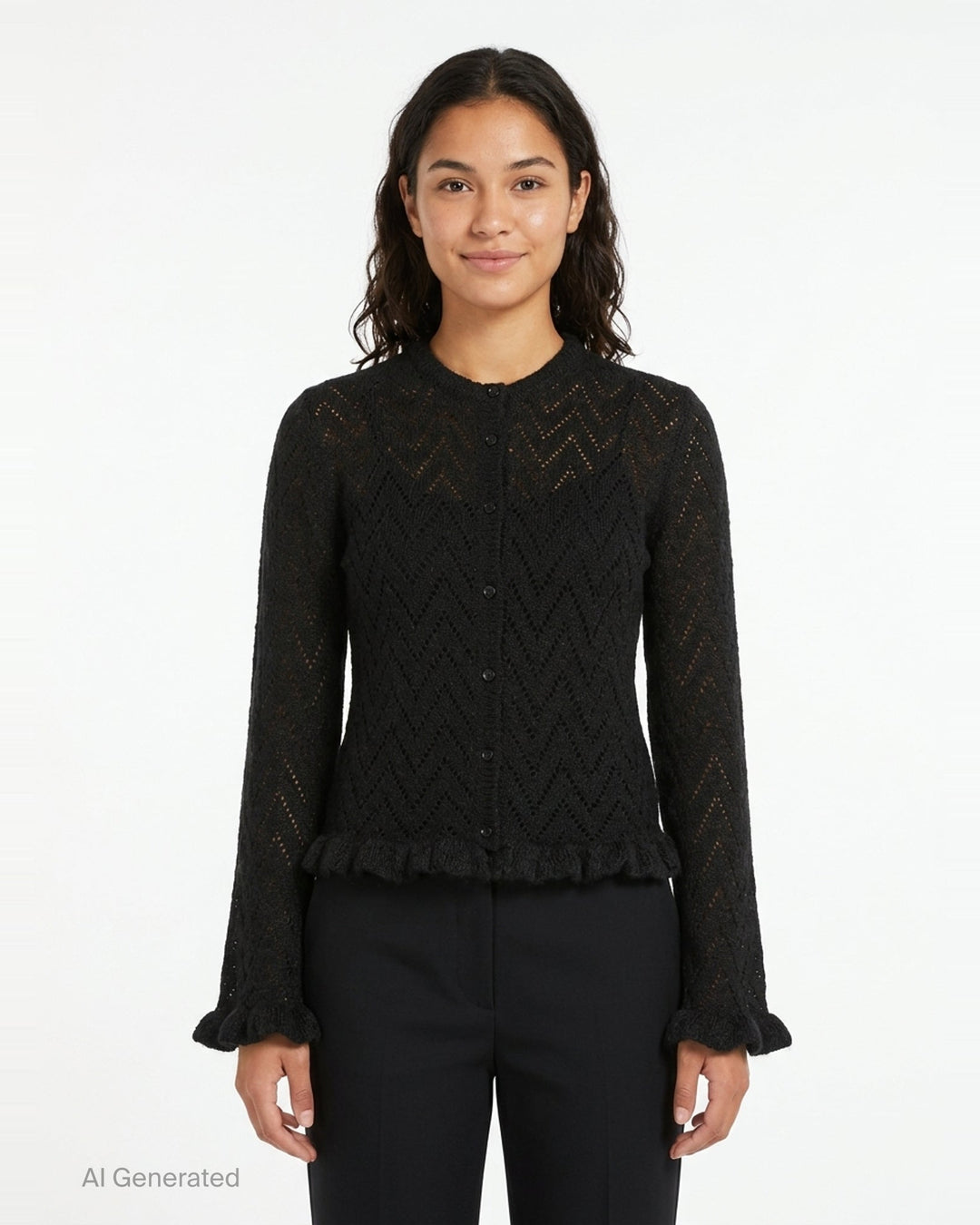 MSGM black chevron pointelle knit cardigan with button-front closure, flared bell sleeves with ruffle cuffs, and frayed ruffle hem trim - front