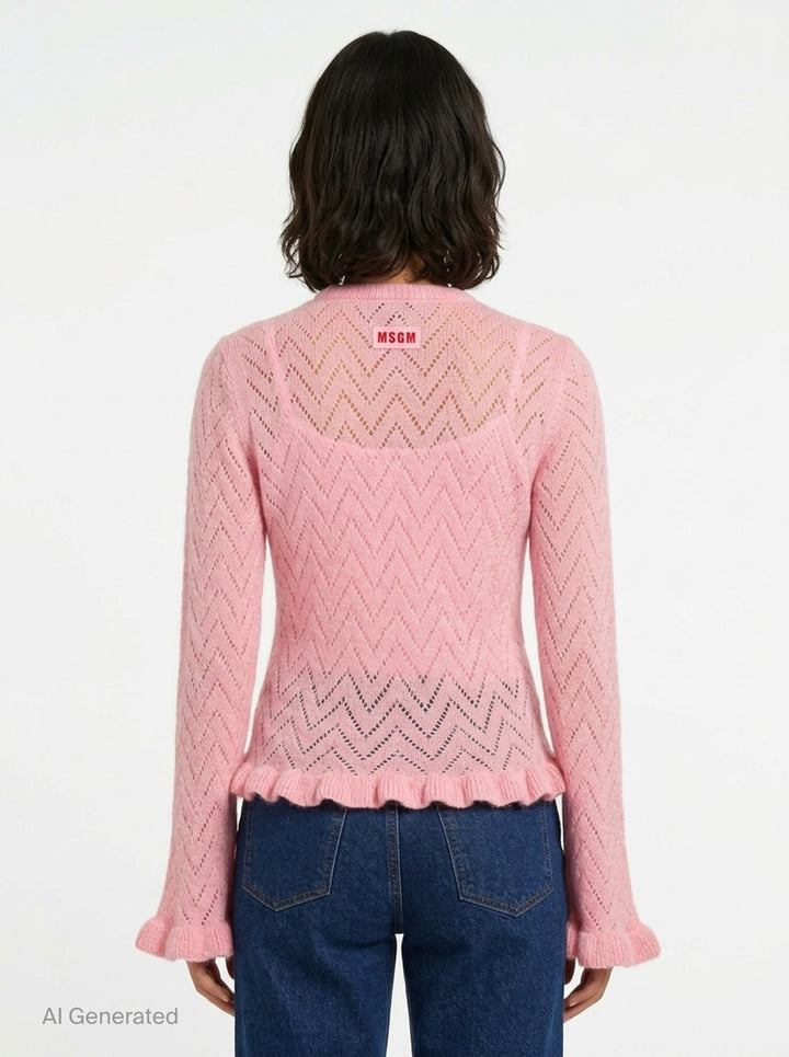 MSGM black chevron pointelle knit cardigan with button-front closure, flared bell sleeves with ruffle cuffs, and frayed ruffle hem trim - back