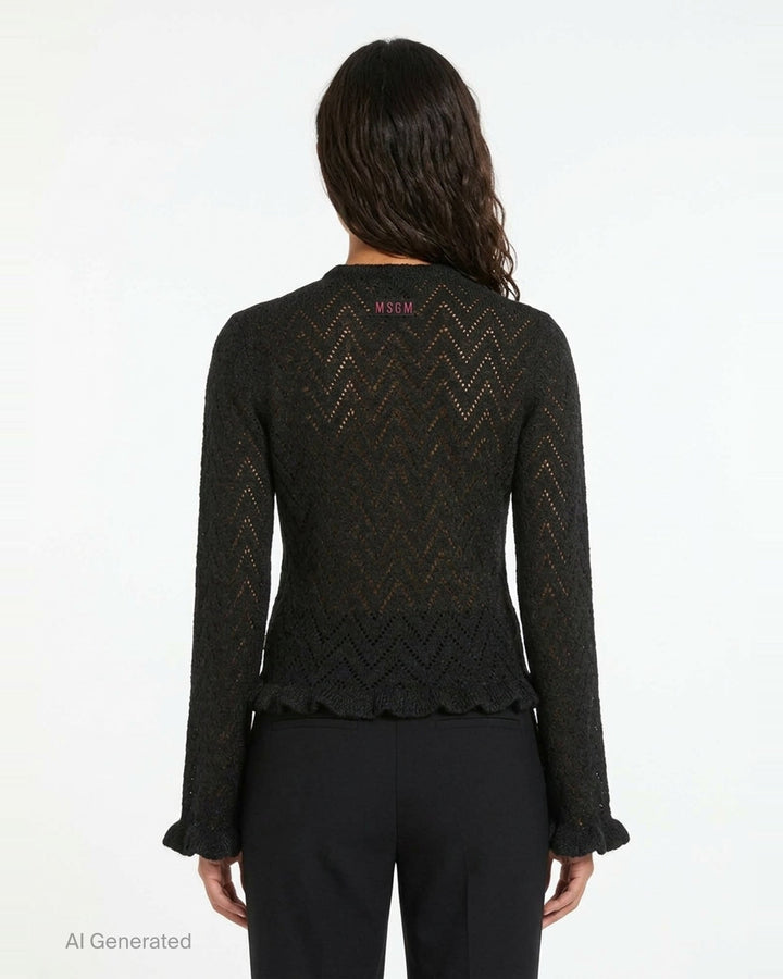 MSGM black chevron pointelle knit cardigan with button-front closure, flared bell sleeves with ruffle cuffs, and frayed ruffle hem trim - back