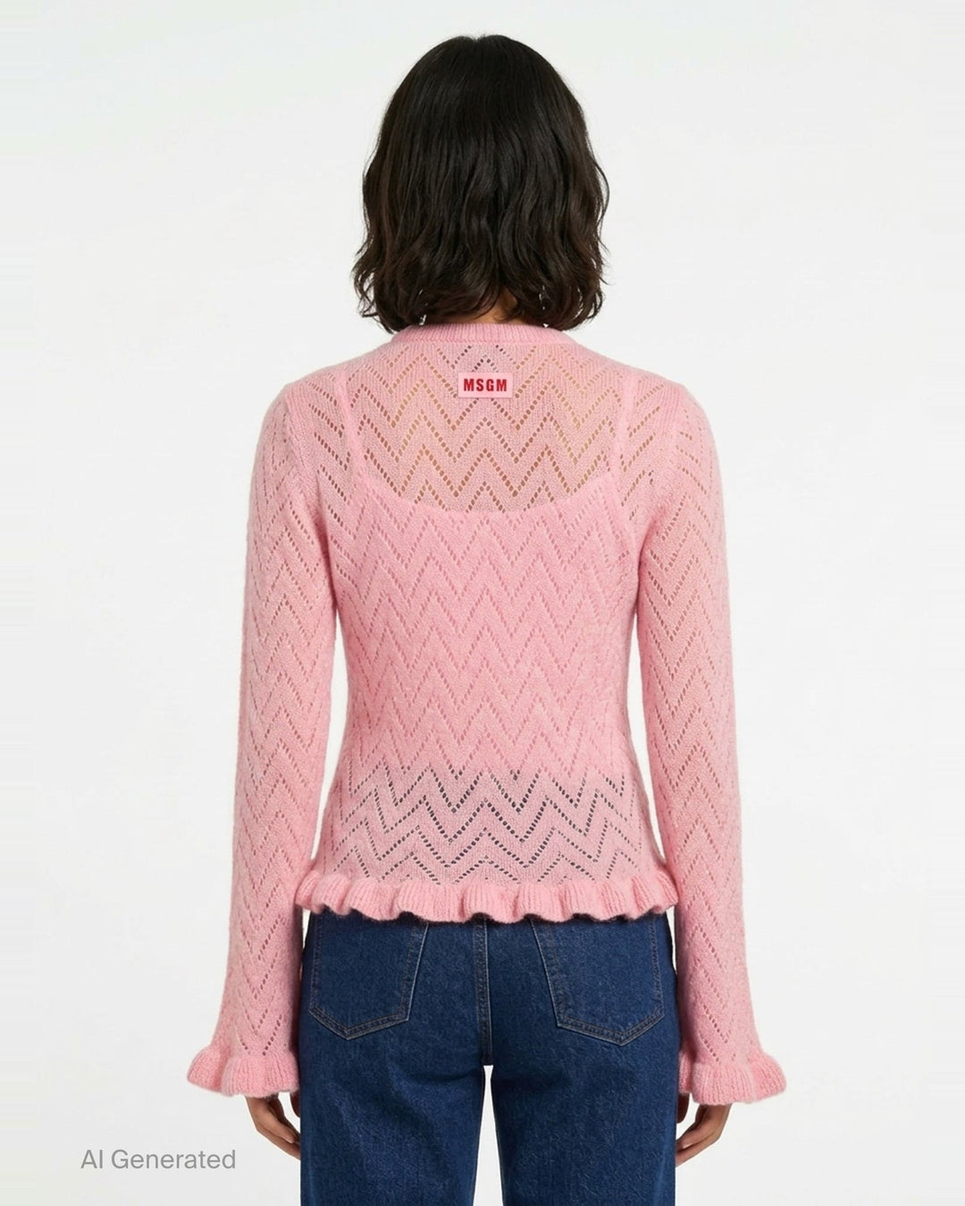 MSGM black chevron pointelle knit cardigan with button-front closure, flared bell sleeves with ruffle cuffs, and frayed ruffle hem trim - back