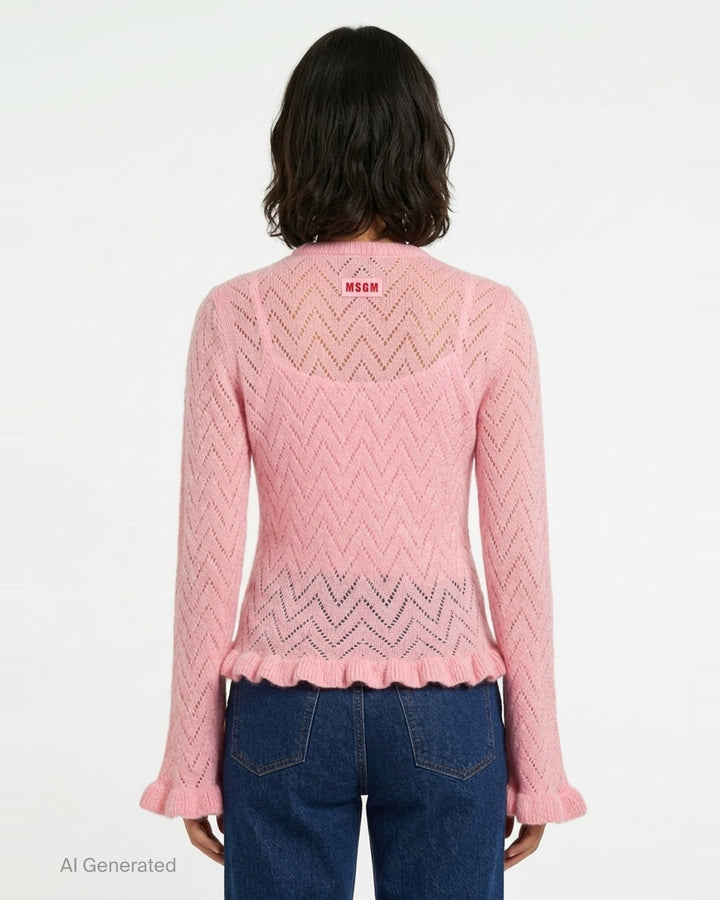 MSGM black chevron pointelle knit cardigan with button-front closure, flared bell sleeves with ruffle cuffs, and frayed ruffle hem trim - back