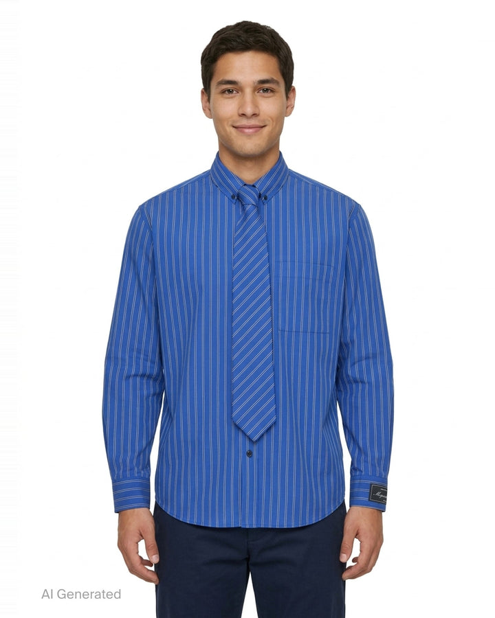 MSGM cobalt blue vertical-stripe oversized long sleeve shirt with an attached diagonal-stripe necktie integrated at the placket, featuring a button-down collar and branded cuff label - front