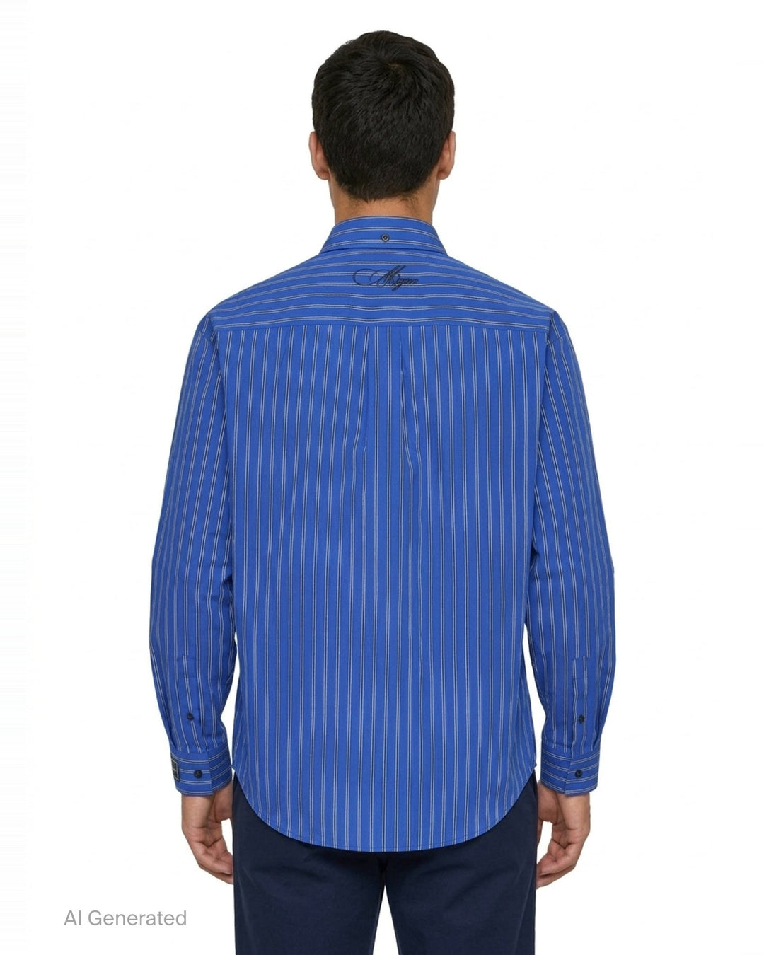 MSGM cobalt blue vertical-stripe oversized long sleeve shirt with an attached diagonal-stripe necktie integrated at the placket, featuring a button-down collar and branded cuff label - back