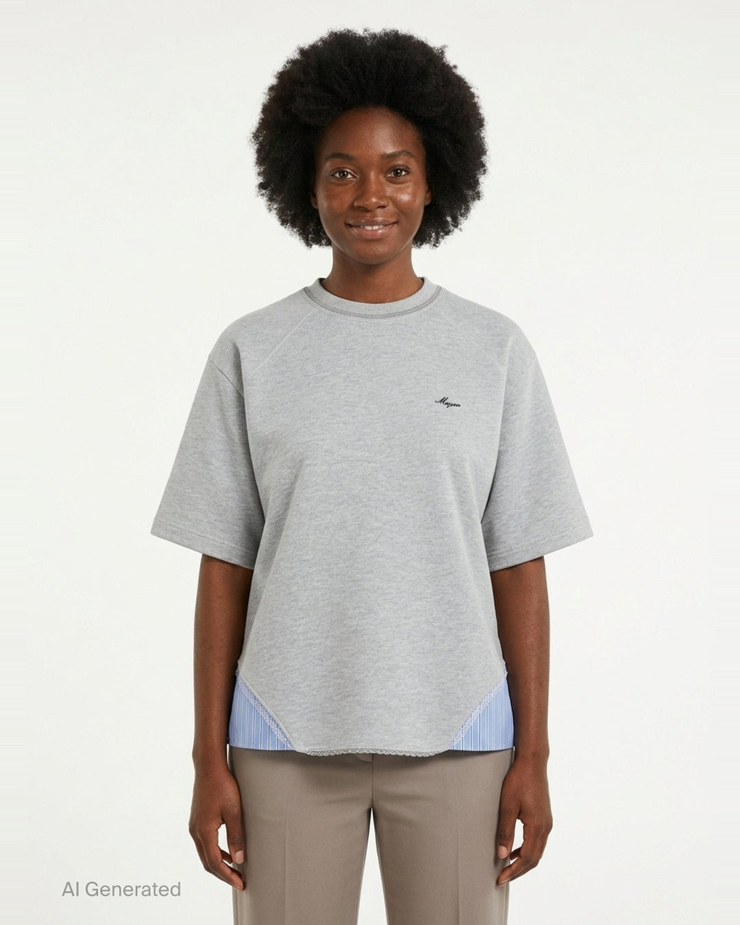 MSGM grey marl short sleeve T-shirt with blue striped fabric inserts at the hem, lace trim at the neckline, and embroidered MSGM script logo at the chest - front
