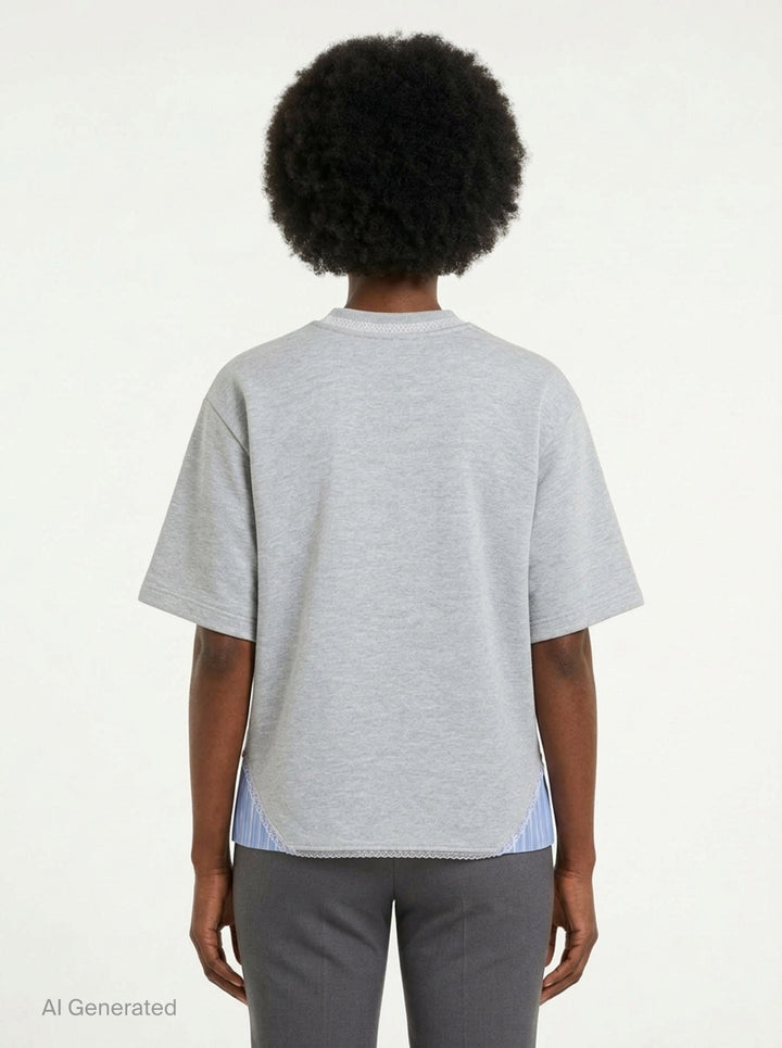 MSGM grey marl short sleeve T-shirt with blue striped fabric inserts at the hem, lace trim at the neckline, and embroidered MSGM script logo at the chest - back