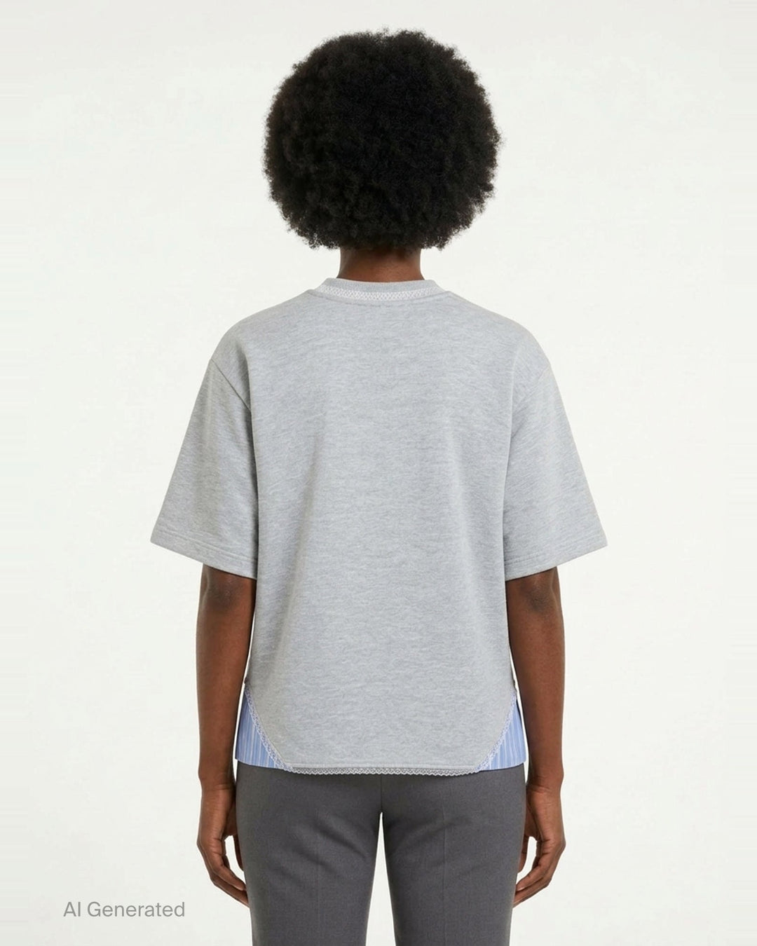 MSGM grey marl short sleeve T-shirt with blue striped fabric inserts at the hem, lace trim at the neckline, and embroidered MSGM script logo at the chest - back