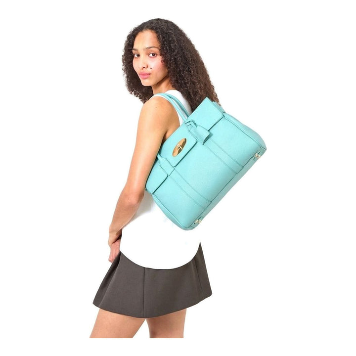 Mulberry Bayswater medium shoulder bag in teal classic grain leather with gold postman's lock closure and rolled top handles - packshot