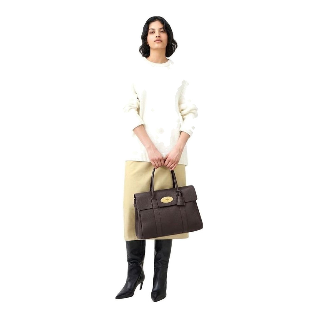 Mulberry Bayswater tote bag in dark brown heavy grain pebbled leather with gold-tone postman's lock closure and rolled top handles - packshot