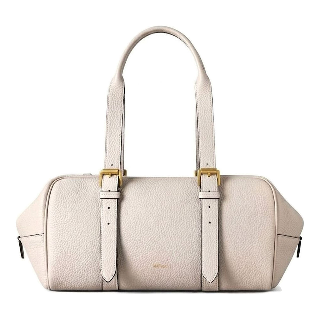 Mulberry Boston Heavy Grain Medium Top Handle bag in chalk pebbled leather with antique brass buckle hardware and dual top handles, front view - packshot