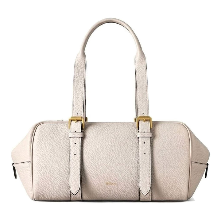 Mulberry Boston Heavy Grain Medium Top Handle bag in chalk pebbled leather with antique brass buckle hardware and dual top handles, front view - packshot