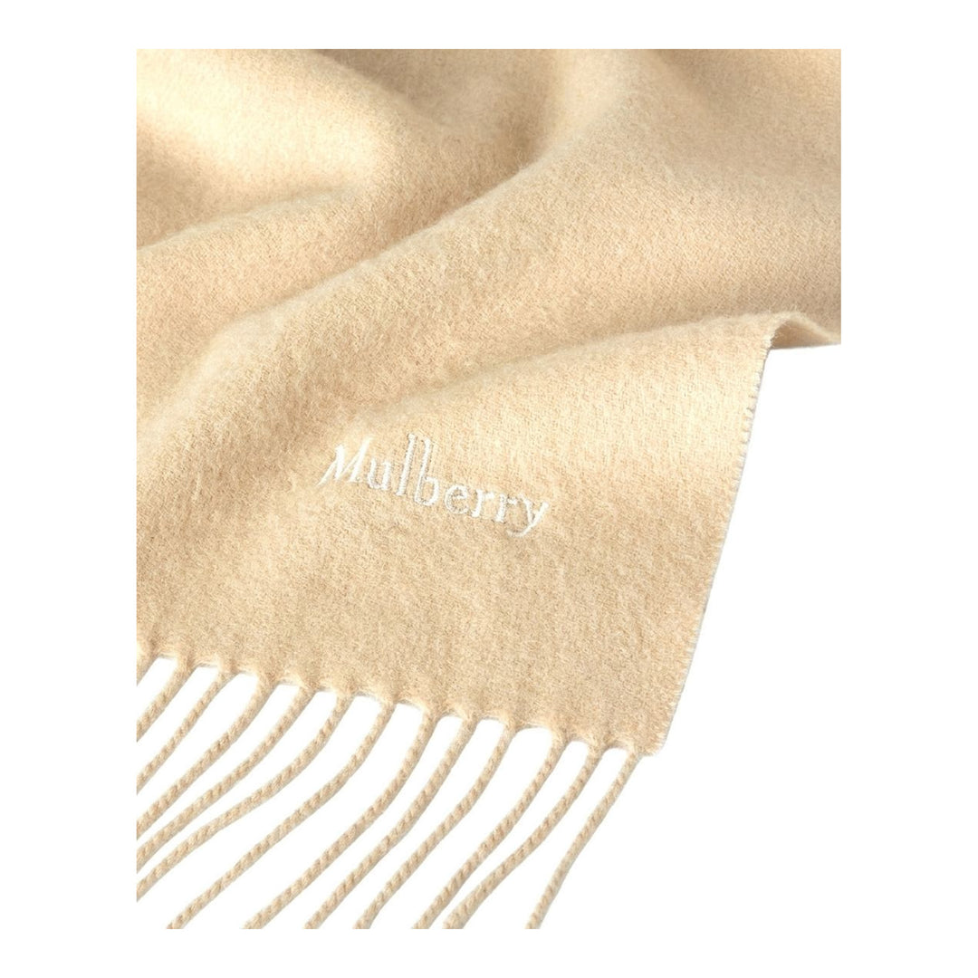 Mulberry navy cashmere scarf laid flat, 30 x 195cm, with fringe trim at both ends and tonal embroidered logo - packshot