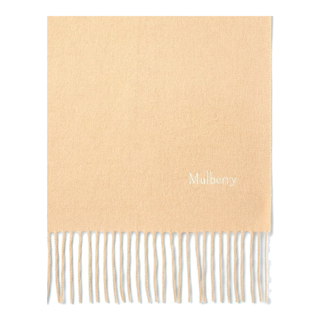 Mulberry navy cashmere scarf laid flat, 30 x 195cm, with fringe trim at both ends and tonal embroidered logo - packshot