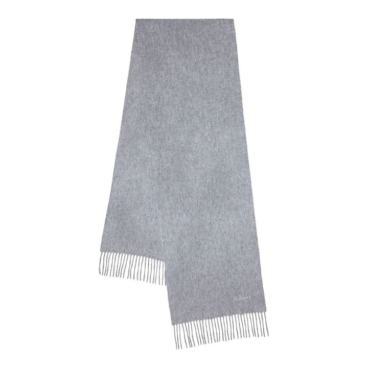 Mulberry navy cashmere scarf laid flat, 30 x 195cm, with fringe trim at both ends and tonal embroidered logo - packshot