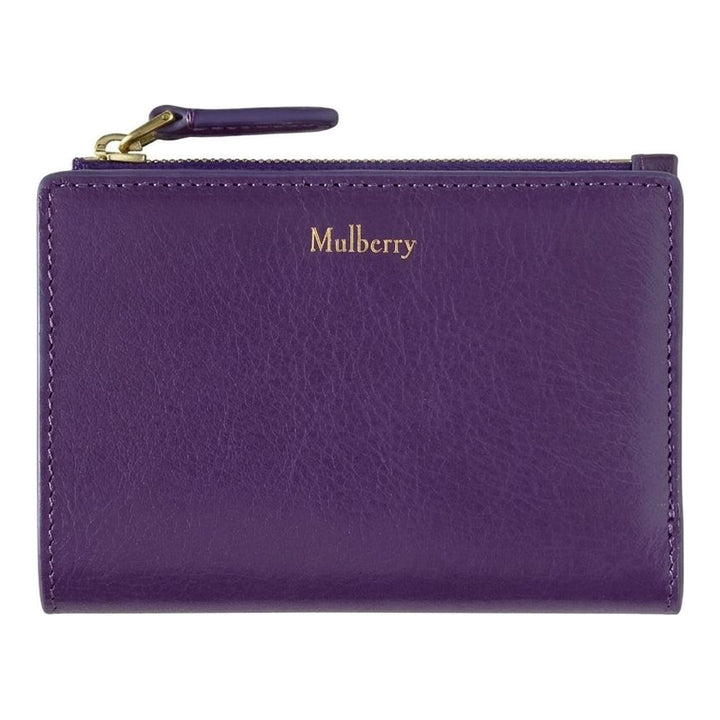 Mulberry Contin bifold zipped wallet in purple grained leather with gold-tone zip and gold foil logo, front view - packshot