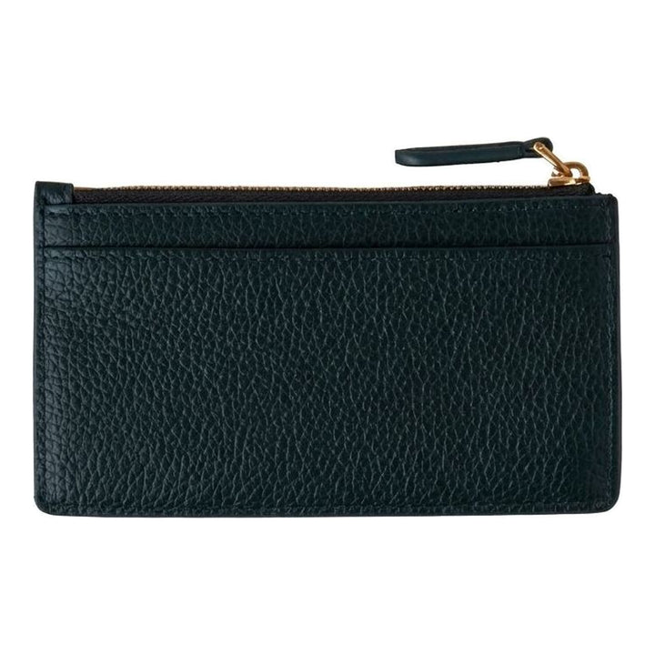 Mulberry Continental Zipped Long Card Holder in forest green pebbled leather, featuring gold-tone zip with leather pull tab and multiple card slots, shown flat on a white background - packshot