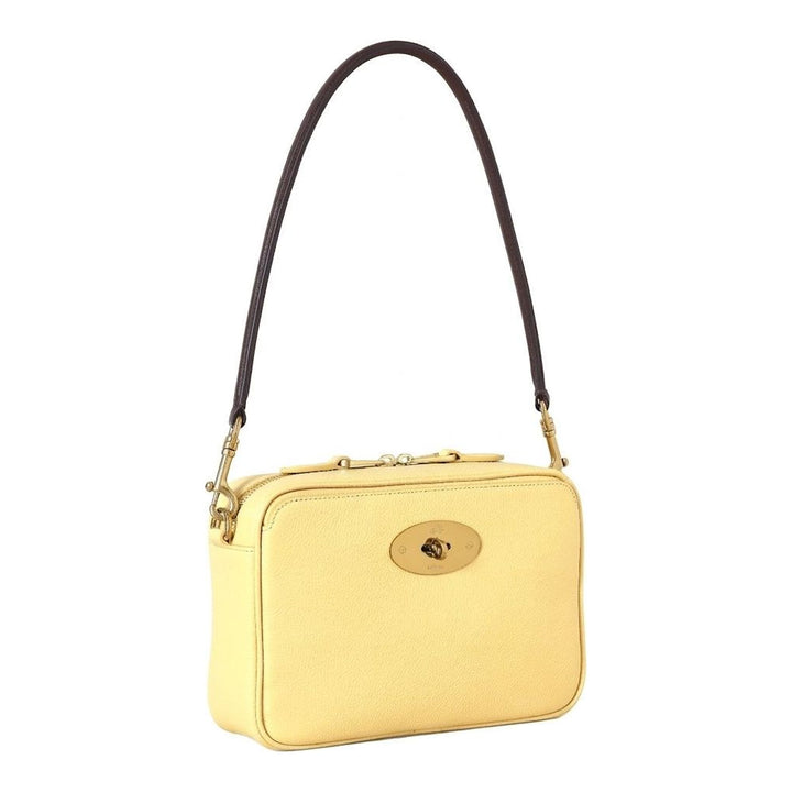 Mulberry Darley camera bag in pale yellow grained leather with gold-tone Postman's Lock, twin zip top and detachable branded strap - packshot