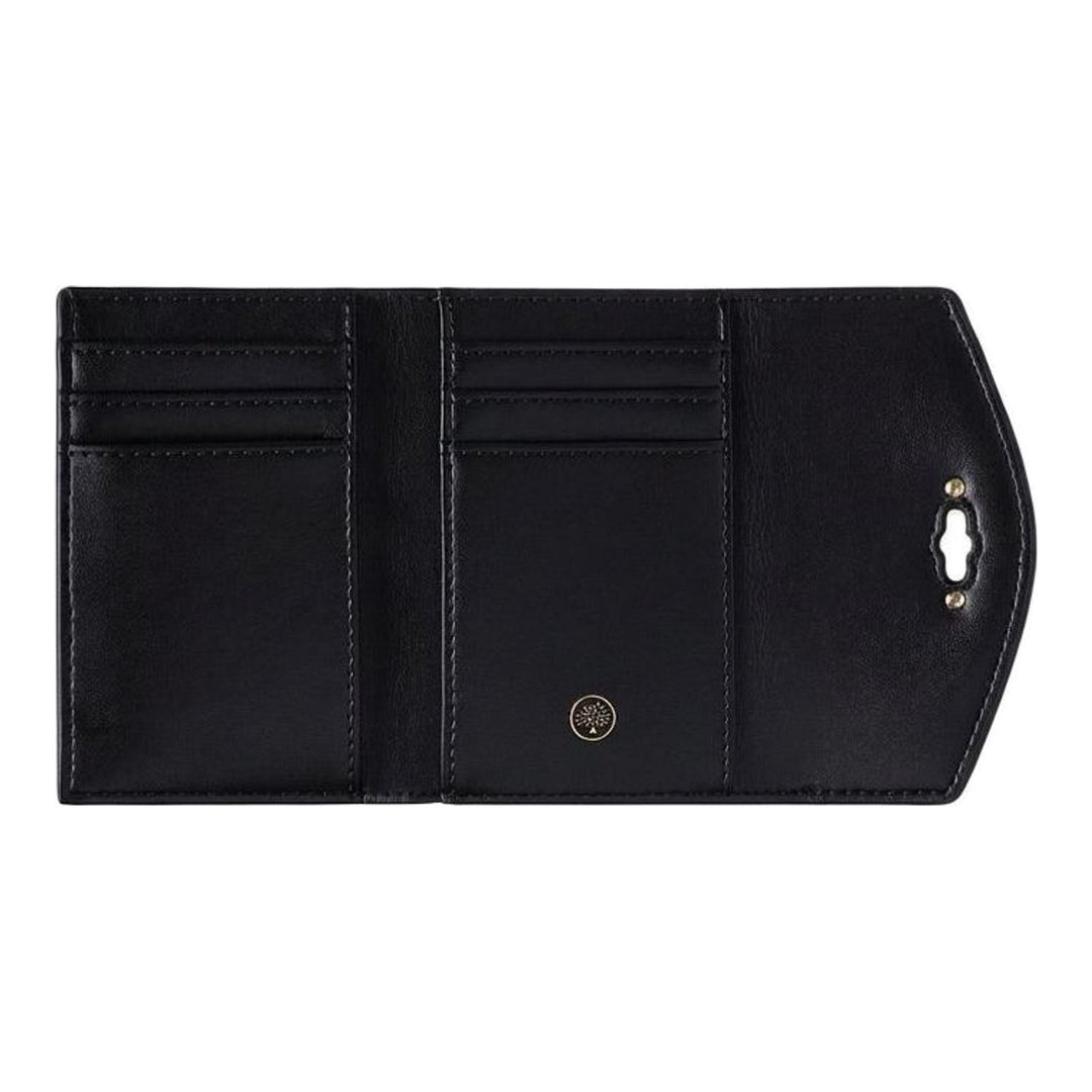 Mulberry Darley Folded Multi-Card Wallet in black diamond-quilted leather with polished gold Postman's Lock closure, front view - packshot
