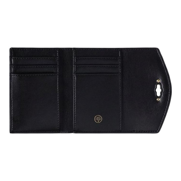 Mulberry Darley Folded Multi-Card Wallet in black diamond-quilted leather with polished gold Postman's Lock closure, front view - packshot