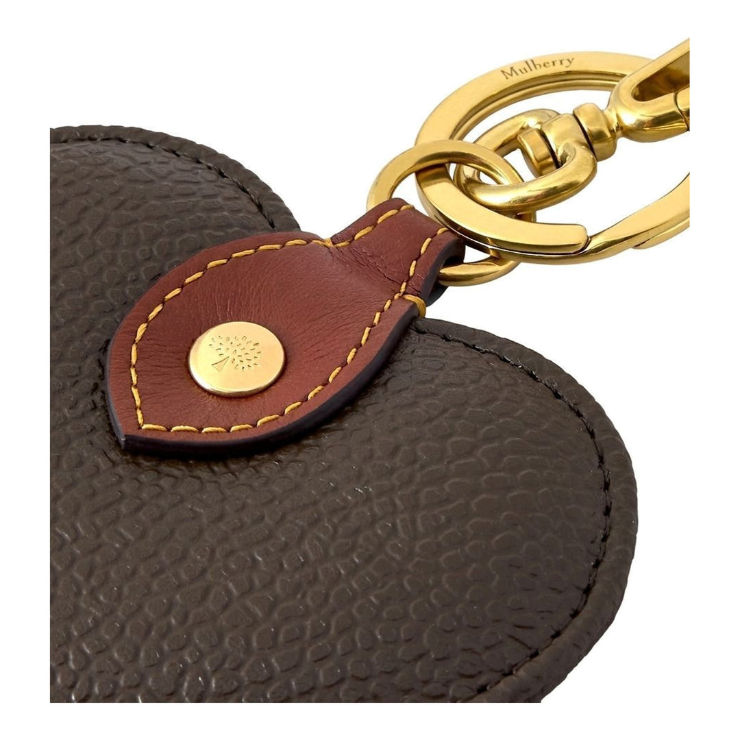 Mulberry heart-shaped keyring in dark brown Scotchgrain leather with a tan leather tab, gold-tone tree stud and swivel clip - packshot