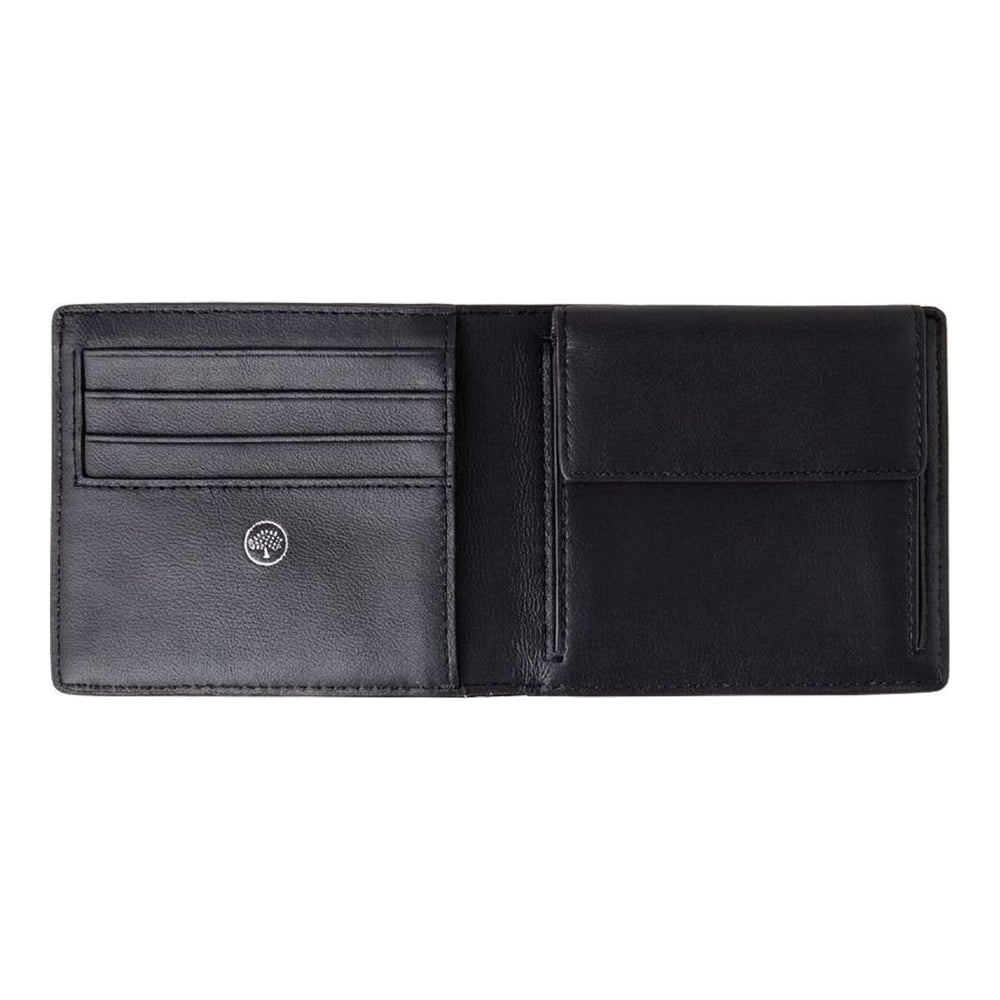 Mulberry Heritage Bifold Coin Wallet in navy pebbled leather with silver-tone logo lettering, laid flat on a light background - packshot