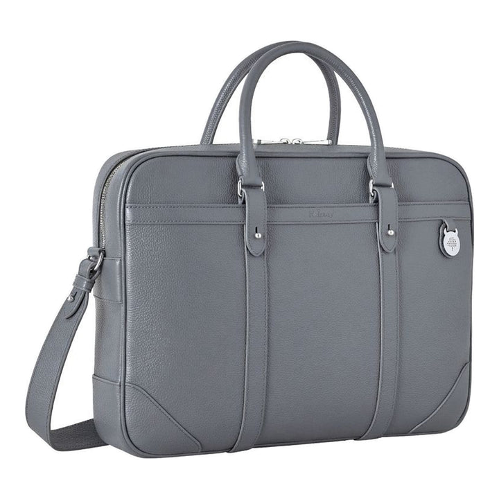 Mulberry Heritage briefcase in grey grained leather with rolled top handles, detachable shoulder strap and Tree padlock charm - packshot
