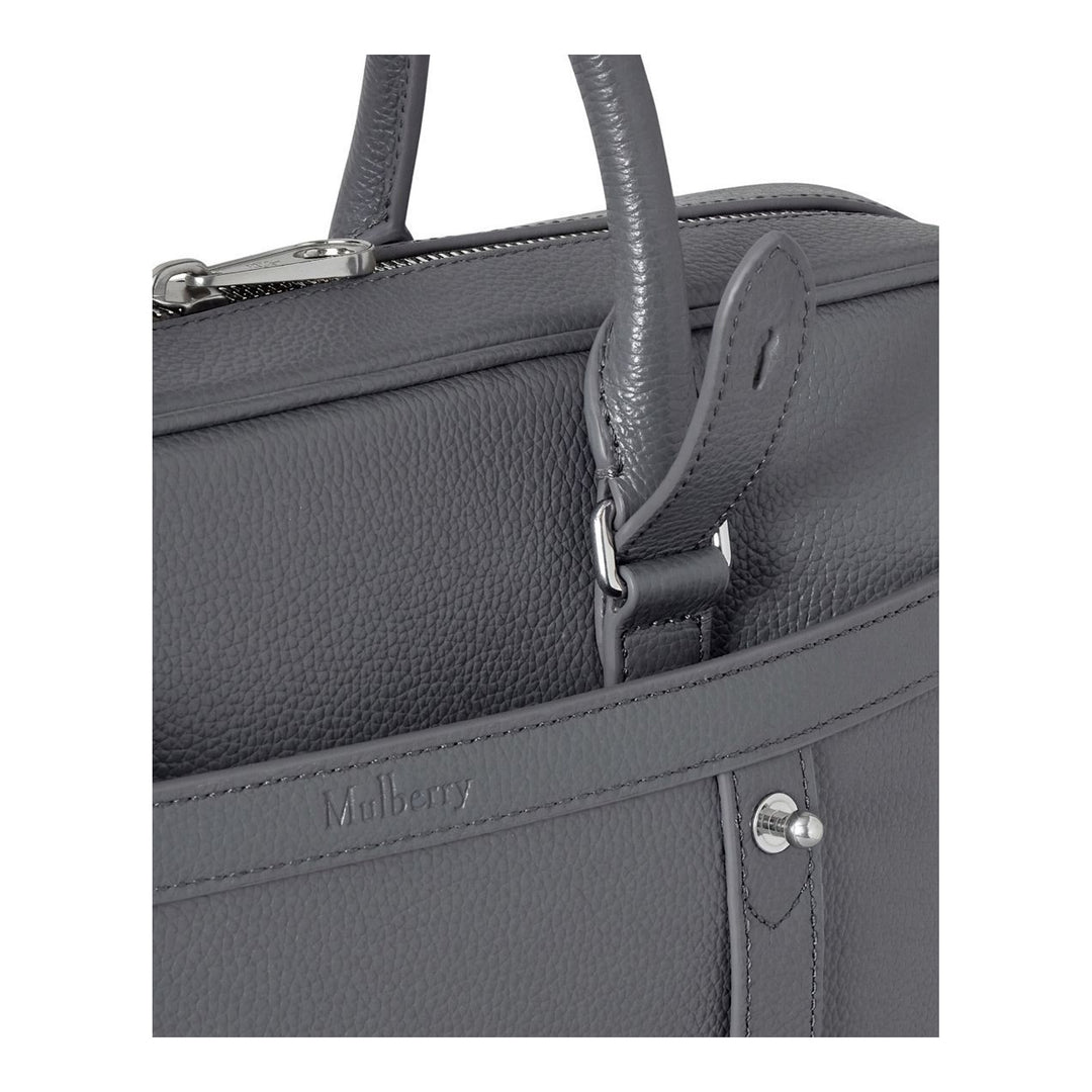 Mulberry Heritage briefcase in grey grained leather with rolled top handles, detachable shoulder strap and Tree padlock charm - packshot