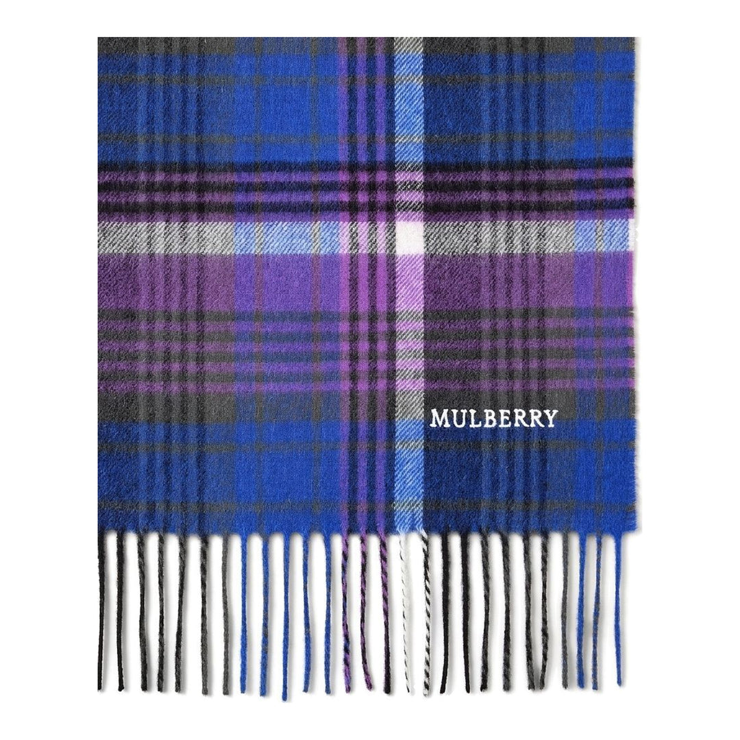 Mulberry long scarf in a blue and purple heritage check with fringed ends and embroidered logo - packshot