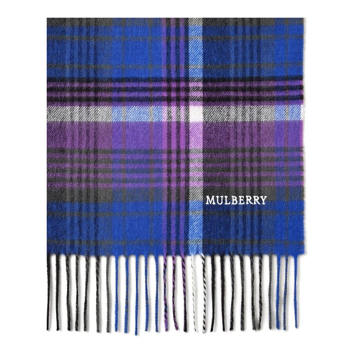Mulberry long scarf in a blue and purple heritage check with fringed ends and embroidered logo - packshot