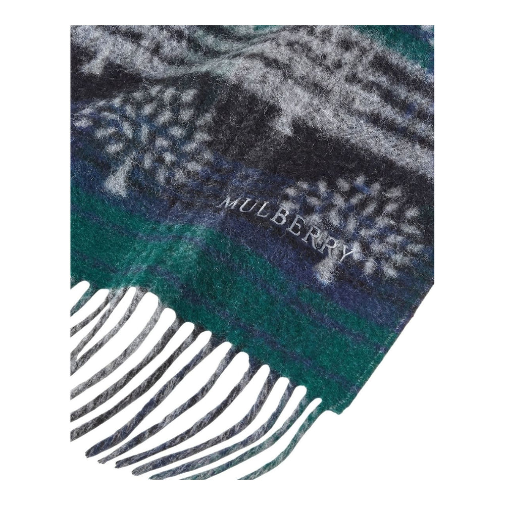 Mulberry Heritage Check & Tree scarf in green, navy, and grey with tree motifs, fringed ends, and a reversible grey side - packshot