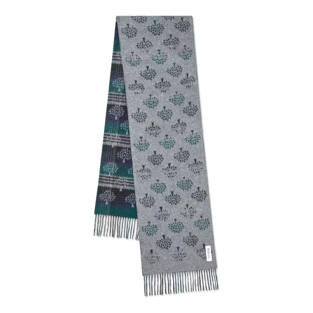 Mulberry Heritage Check & Tree scarf in green, navy, and grey with tree motifs, fringed ends, and a reversible grey side - packshot