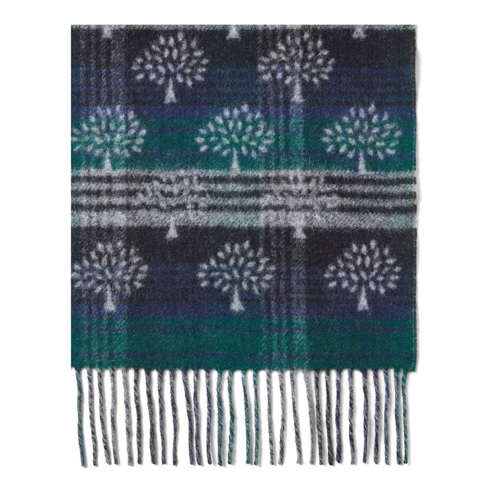 Mulberry Heritage Check & Tree scarf in green, navy, and grey with tree motifs, fringed ends, and a reversible grey side - packshot