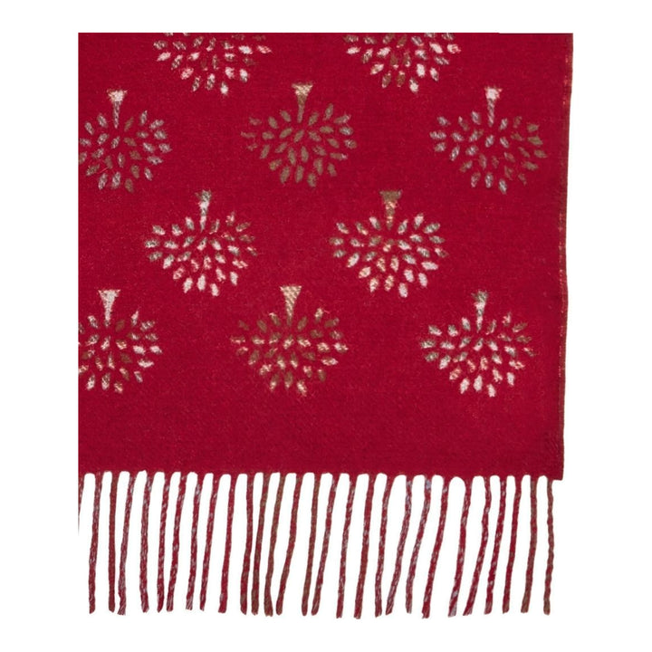 Mulberry Heritage Check & Tree scarf in green, navy, and grey with tree motifs, fringed ends, and a reversible grey side - packshot
