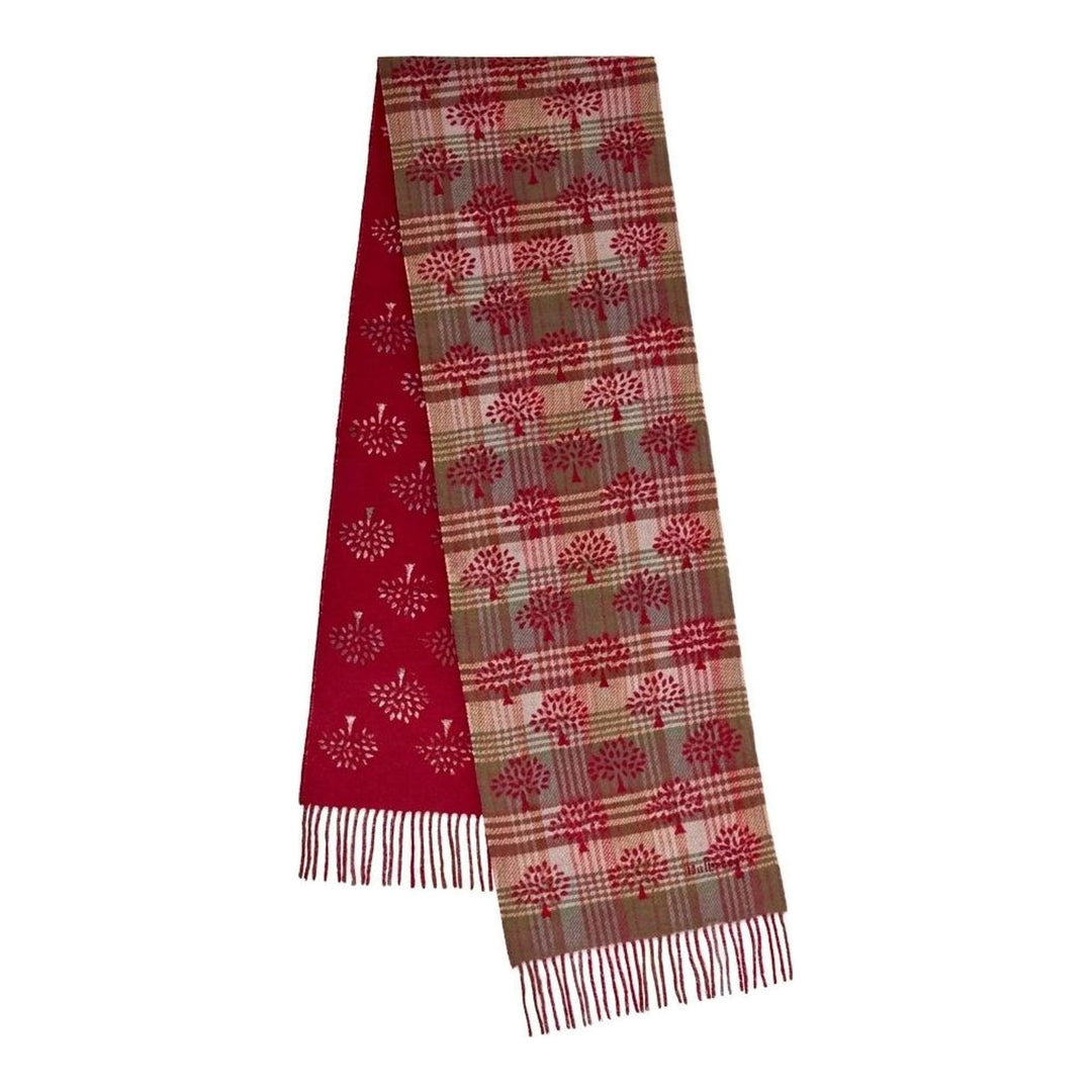 Mulberry Heritage Check & Tree scarf in green, navy, and grey with tree motifs, fringed ends, and a reversible grey side - packshot