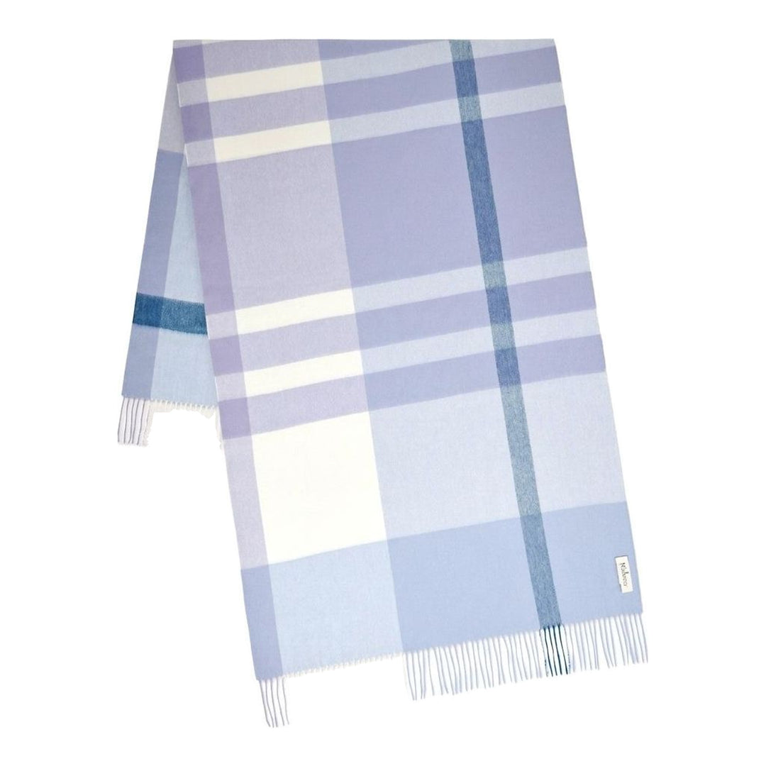 Mulberry large check merino wool scarf in green and sage tones with fringed edges and embroidered logo, folded flat - packshot