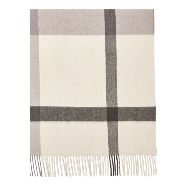 Mulberry large check merino wool scarf in green and sage tones with fringed edges and embroidered logo, folded flat - packshot