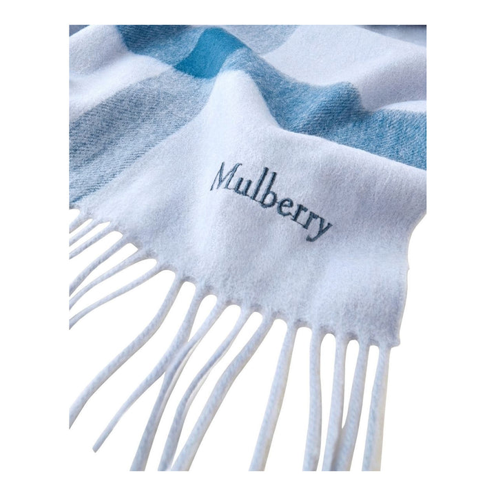 Mulberry large check merino wool scarf in green and sage tones with fringed edges and embroidered logo, folded flat - packshot