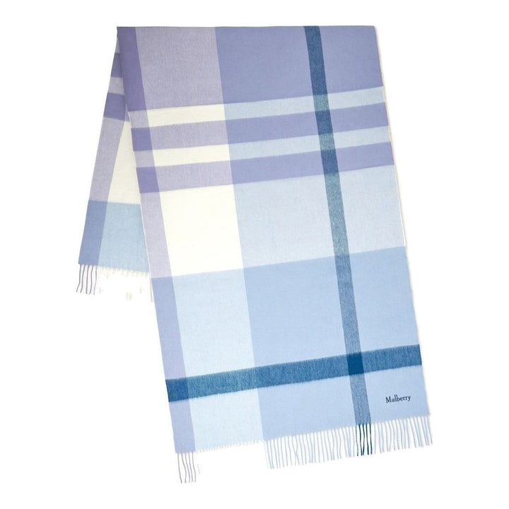 Mulberry large check merino wool scarf in green and sage tones with fringed edges and embroidered logo, folded flat - packshot