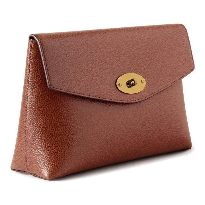 Mulberry Large Darley Pouch in tan pebbled natural grain leather with brass postman's lock closure, front view - packshot