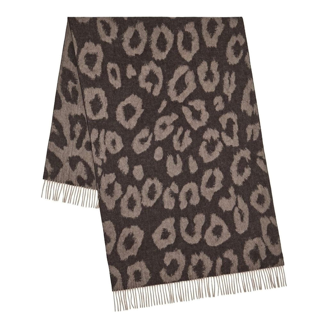 Mulberry leopard print merino wool scarf in charcoal and taupe with tonal fringed edges, folded to show the pattern and embroidered logo - packshot