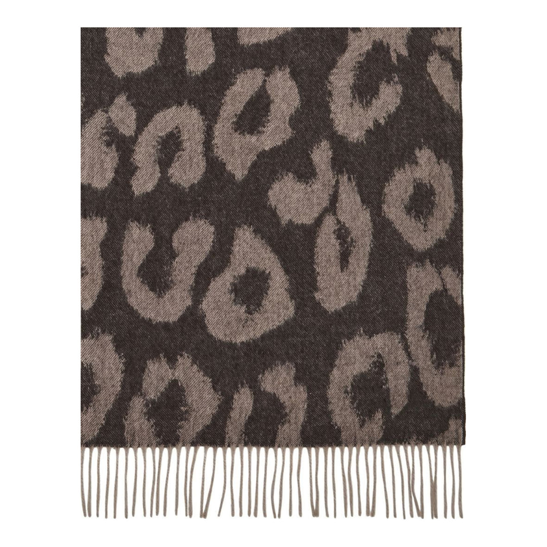 Mulberry leopard print merino wool scarf in charcoal and taupe with tonal fringed edges, folded to show the pattern and embroidered logo - packshot