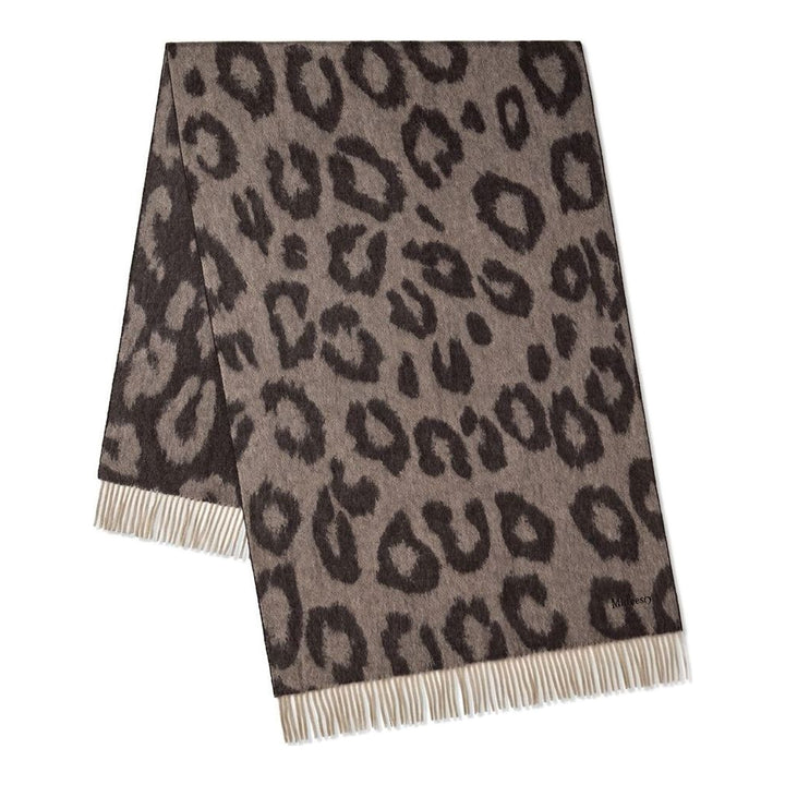 Mulberry leopard print merino wool scarf in charcoal and taupe with tonal fringed edges, folded to show the pattern and embroidered logo - packshot