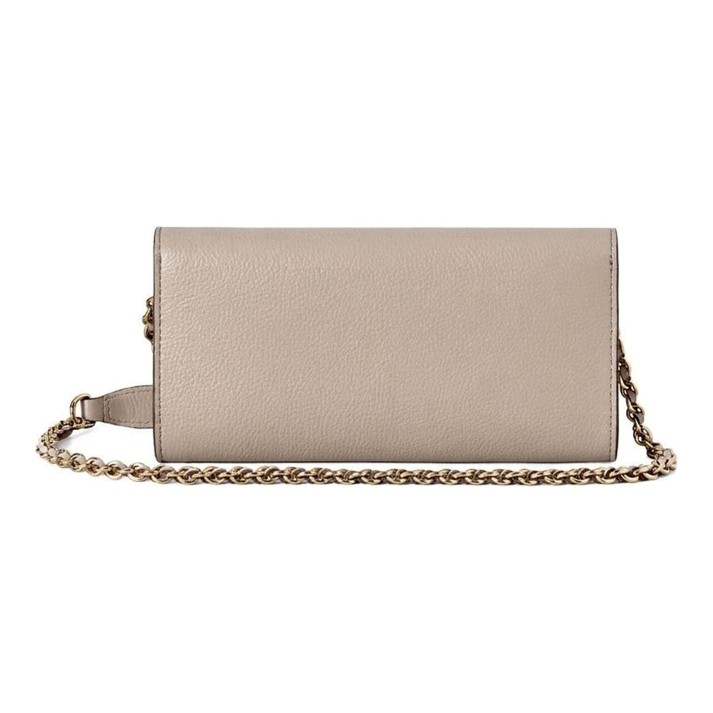 Mulberry Lily Chain Wallet in grained taupe-grey leather with a gold-tone oval Postman's Lock and woven leather and gold chain strap - packshot