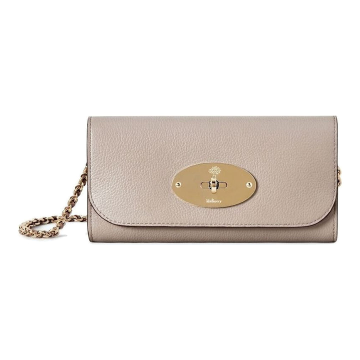 Mulberry Lily Chain Wallet in grained taupe-grey leather with a gold-tone oval Postman's Lock and woven leather and gold chain strap - packshot