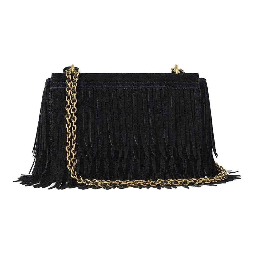 Mulberry Lily small shoulder bag in black suede with fringe trim, gold-tone Postman's Lock and leather-woven chain strap - packshot