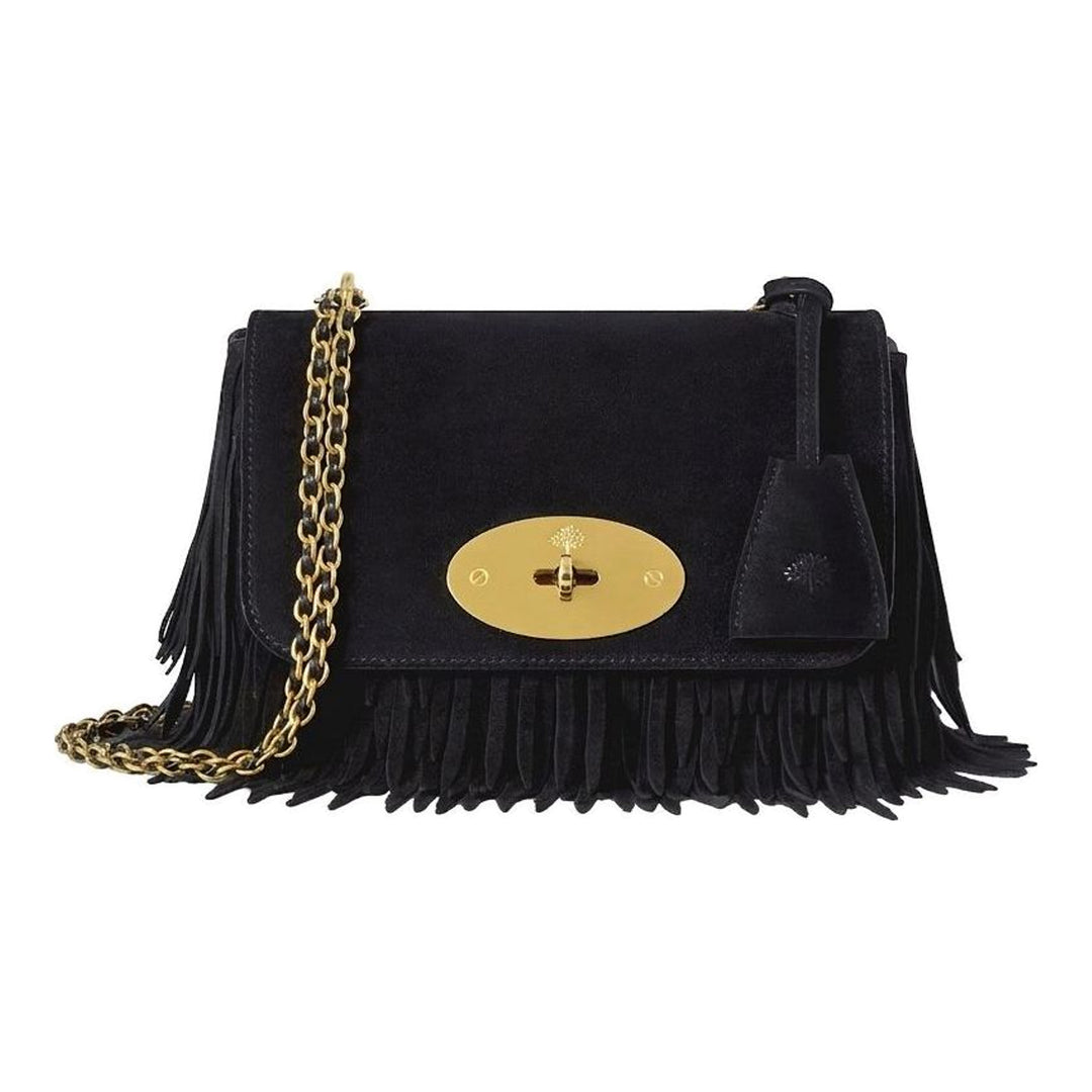 Mulberry Lily small shoulder bag in black suede with fringe trim, gold-tone Postman's Lock and leather-woven chain strap - packshot