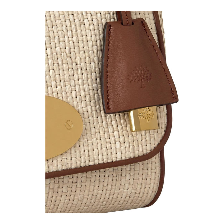 Mulberry Lily raffia shoulder bag in natural cream with tan leather trim, gold chain strap and oval gold Postman's Lock closure, front view - packshot