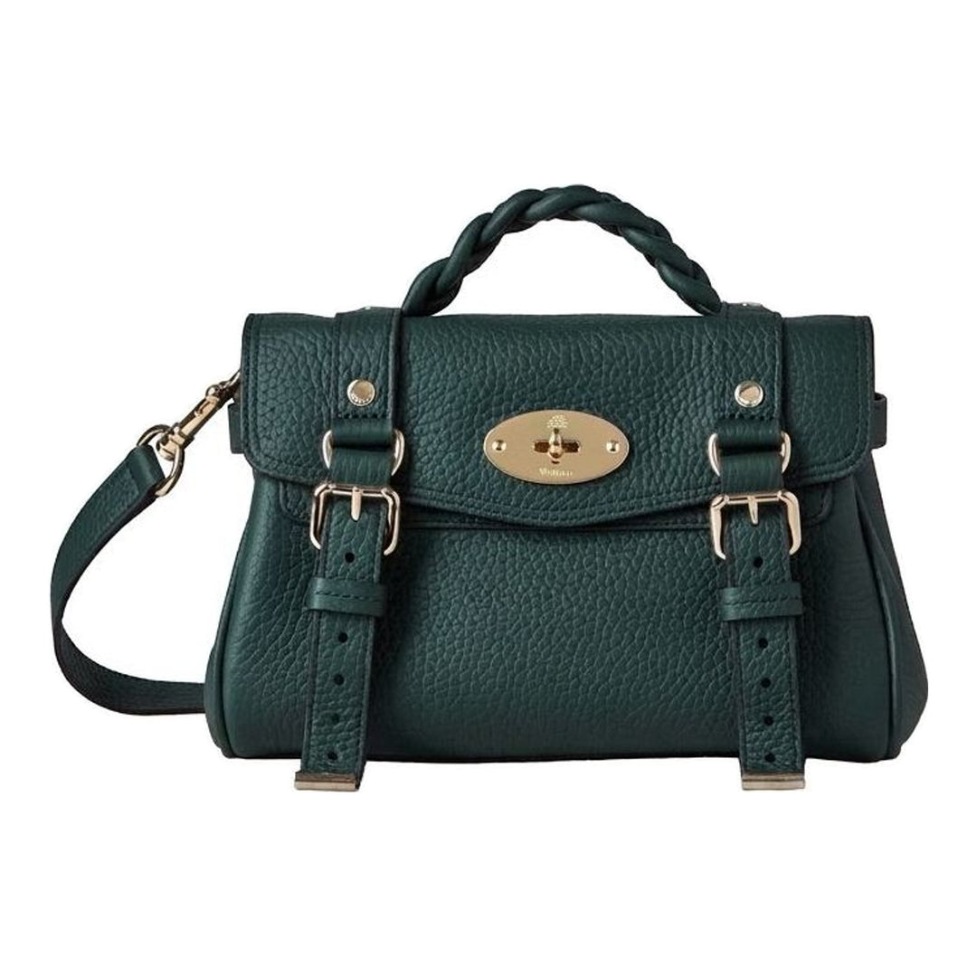 Mulberry Mini Alexa Heavy Grain leather handbag in forest green with braided top handle, gold Postman's Lock closure, decorative buckle straps, and detachable crossbody strap - packshot