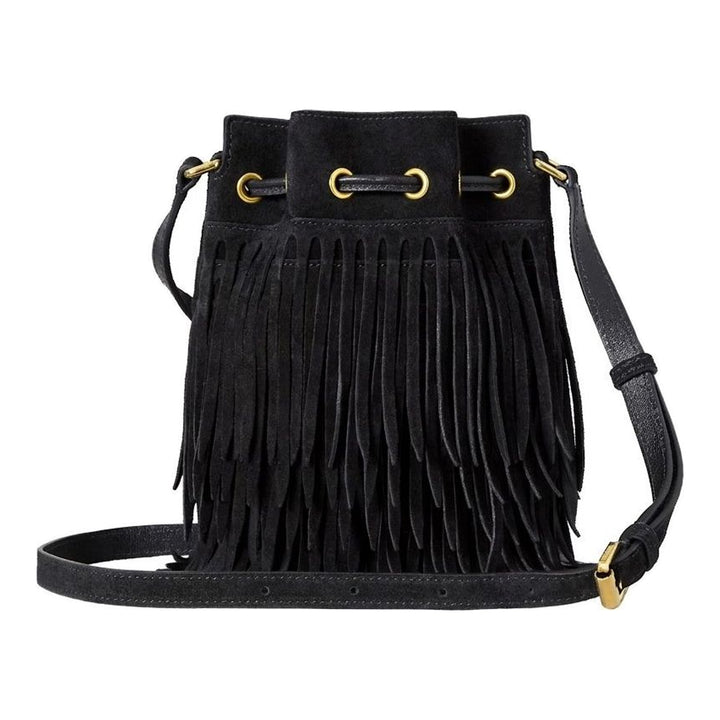 Mulberry mini black suede bucket bag with tiered fringe, gold-tone eyelets, drawstring closure with tree emblem toggle and adjustable crossbody strap - packshot