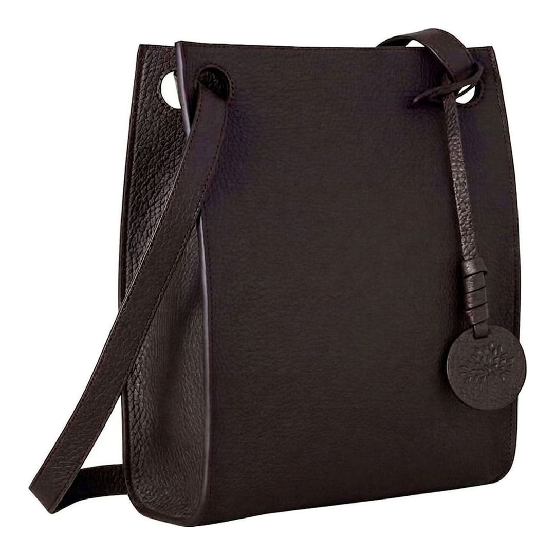 Mulberry Mini Soft Tote in dark brown Heavy Grain pebbled leather with adjustable flat crossbody strap, knotted corner attachments, and a tonal debossed tree logo charm on a leather tassel - packshot