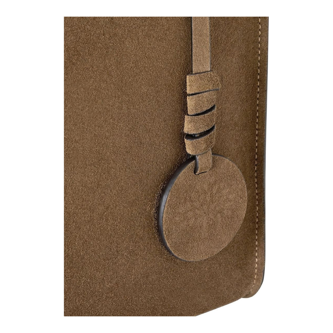 Mulberry Mini Soft Suede Tote in warm taupe suede, displayed upright showing tonal saddle stitching, knotted leather tie closure, adjustable crossbody strap, and embossed Mulberry tree medallion charm - packshot